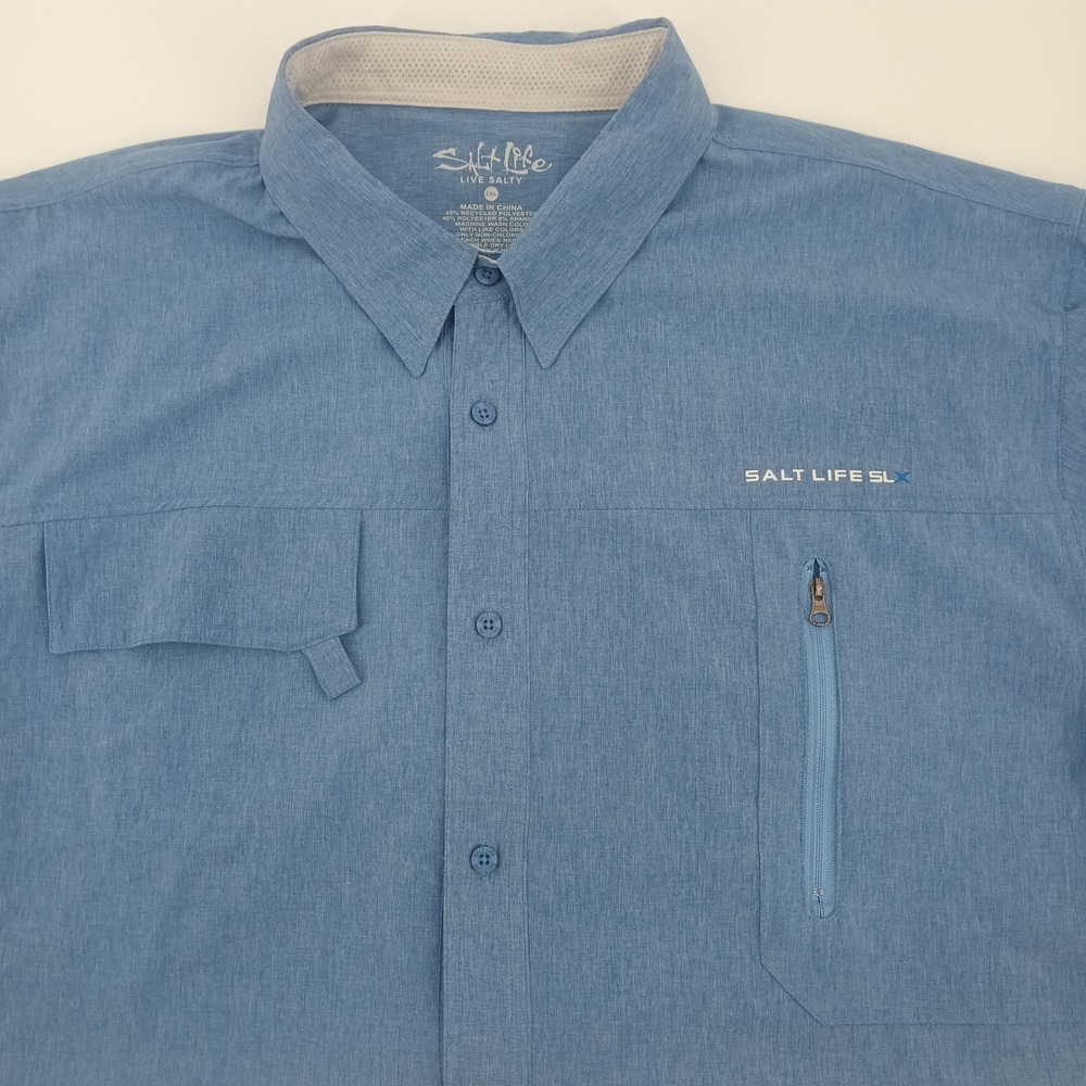 Salt Life SLX Mens 2XL Blue UVapor Short Sleeve Performance Fishing Shirt Button
